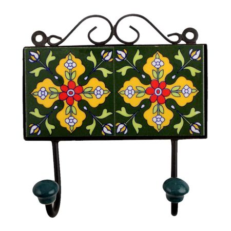 Forest Green Yellow Floral Tiles Hooks